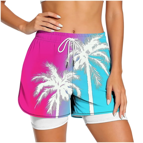 Floleo Women's Tropical Palm Tree 2-in-1 Athletic Shorts Casual Drawstring Lined Running Shorts Loose Quick Dry Workout Shorts Everyday Summer Beach Sports Shorts with Pockets for Women(Hot Pink,S)