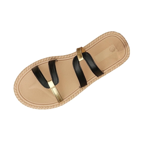 Floleo Women's Two-Tone Contrast Triple Strap Slide Sandals, Open Toe Braided Trim Midsole Slip-On Footwear, Four Color Combination Non-Slip Summer Casual & Beach Slippers(Black,5.5)