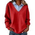 thumbnail image 1 of Floleo Women's Twofer Collar Sweatshirt V Neck Long Sleeve Pullover with Faux Shirt Detail Relaxed Fit Casual Layered Look Top for Fall Winter Daily Wear, 1 of 7