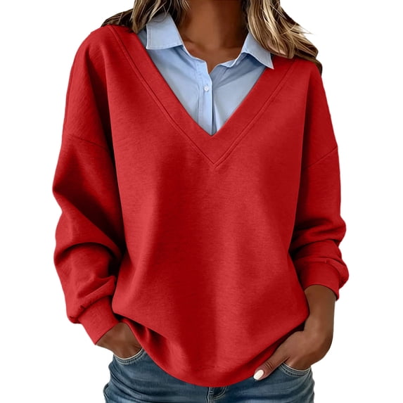 Floleo Women's Twofer Collar Sweatshirt V Neck Long Sleeve Pullover with Faux Shirt Detail Relaxed Fit Casual Layered Look Top for Fall Winter Daily Wear