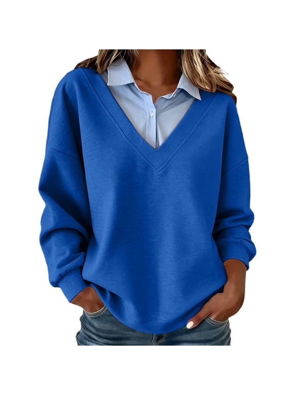 Women's Twofer Collar Sweatshirt V Neck Long Sleeve Pullover with Faux Shirt Detail Relaxed Fit Casual Layered Look Top for Fall Winter Daily Wear
