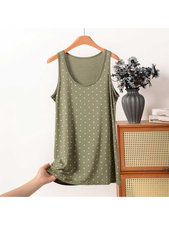 Women's U-Neck Allover Polka Dot Sleeveless Longline Tank Top, Loose Fit Casual Printed Vest for Summer Loungewear & Inner Layering Wear (Army Green,3XL)