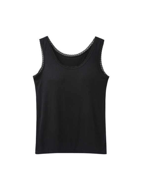 Women's U-Neck Lace Trim Ribbed Knit Tank Top, Relaxed Solid Sleeveless Layering Vest for All-Season Daily Inner Wear & Loungewear (Black,L)
