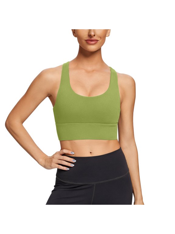 Women's U-Neck Longline Racerback Sports Bra, Wide Shoulder Straps, Medium Support Polyester Yoga Workout Top (Green,2XL)