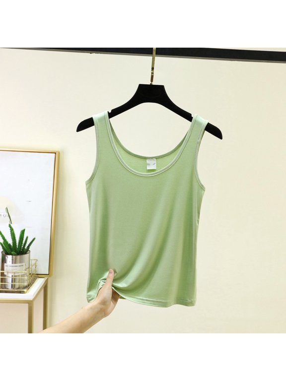 Women's U-Neck Wide Strap Solid Sleeveless Tank Top, Soft Loose Fit Breathable Casual Vest for Spring Summer Inner Layering & Home Loungewear (Green,L)