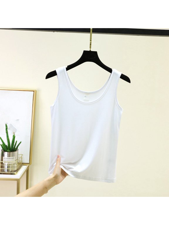 Women's U-Neck Wide Strap Solid Sleeveless Tank Top, Soft Loose Fit Breathable Casual Vest for Spring Summer Inner Layering & Home Loungewear (White,M)
