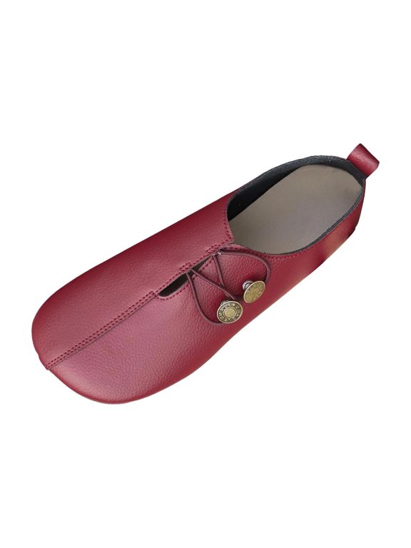 Women's V-Cut Slip-On Flat Loafers, Vintage Dual Metal Button Decor Casual Footwear, Four Solid Tone Soft Leather Non-Slip Daily Walking Shoes(Red,5.5)