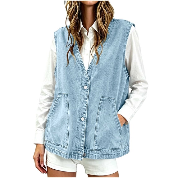 Floleo Women's V-Neck Denim Vest Relaxed Fit Sleeveless Button Down Utility Jacket Casual Summer Western Outerwear with Large Front Patch Pockets