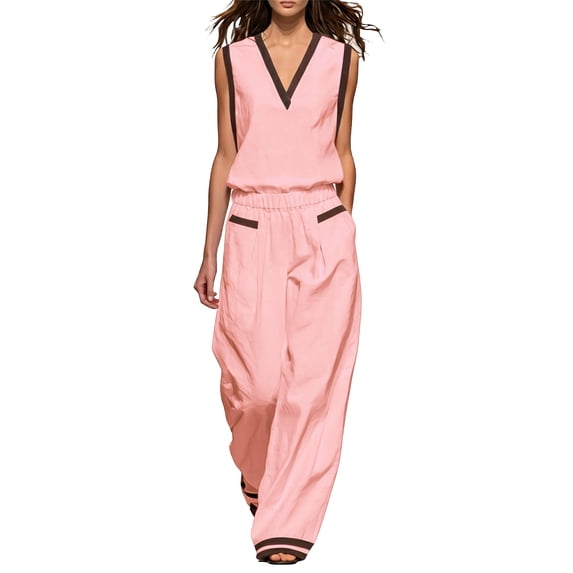 Floleo Women's V-Neck Sleeveless Top & Wide Leg Pants Set Contrast Trim Casual 2-Piece Outfit with Pockets for Spring Summer Daily Wear(Pink,L)