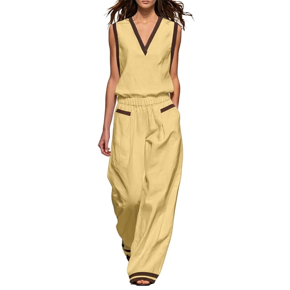Floleo Women's V-Neck Sleeveless Top & Wide Leg Pants Set Contrast Trim Casual 2-Piece Outfit with Pockets for Spring Summer Daily Wear(Yellow,L)