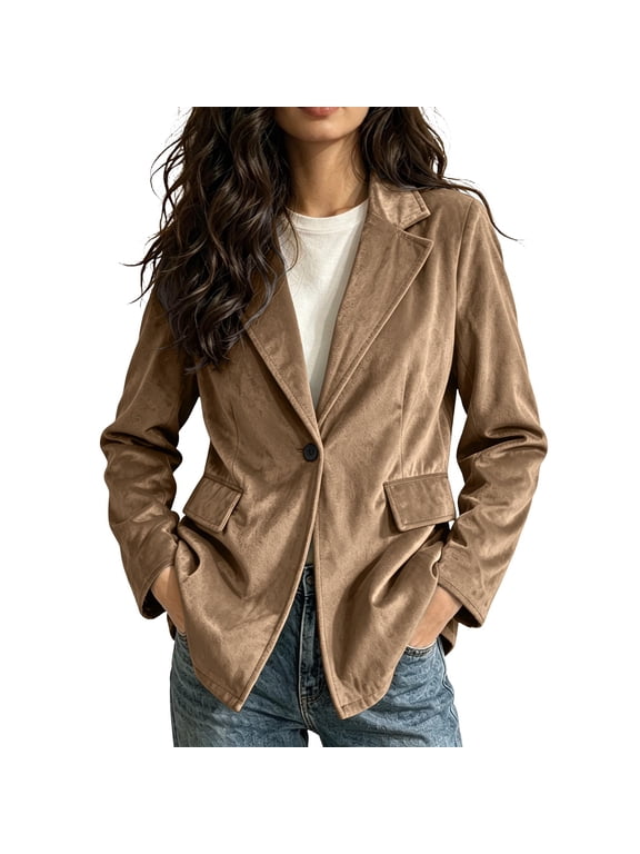Women's Velvet Single Button Blazer Notched Lapel Casual Suit Jacket Long Sleeve Solid Color Relaxed Fit Outerwear
