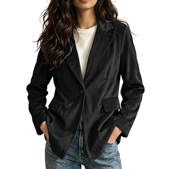 Floleo Women's Velvet Single Button Blazer Notched Lapel Casual Suit Jacket Long Sleeve Solid Color Relaxed Fit Outerwear