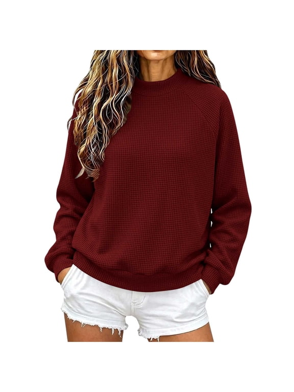 Women's Waffle Knit Crewneck Sweatshirt Long Sleeve Raglan Sleeve Pullover Relaxed Fit Solid Color Casual Top for Fall Winter Daily Wear