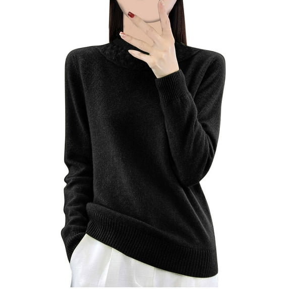 Floleo Women's Warm Round Neck Top Pullover with Stripe Fall Winter Long Sleeve Solid Color Tops for Ladies(Black,XL)