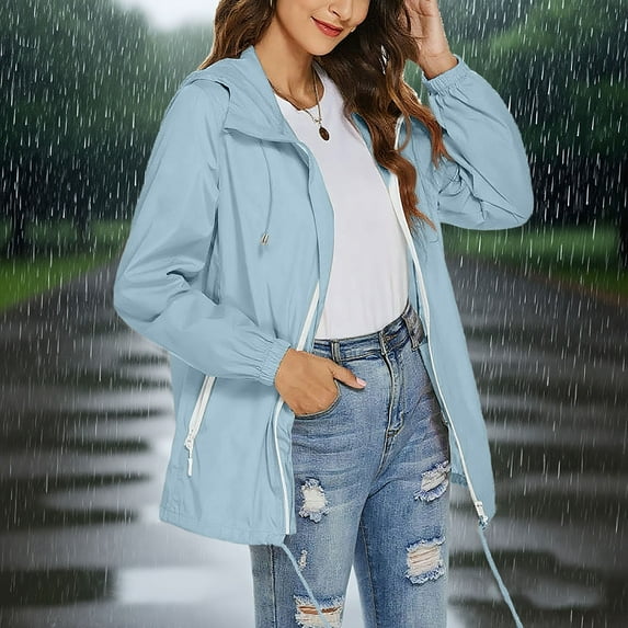 Floleo Women's Waterproof Jacket for Women Outdoor Hiking Sports Jackets with Pocket Rain Jacket Women Lightweight Hooded Raincoats(Light Blue#2,M)
