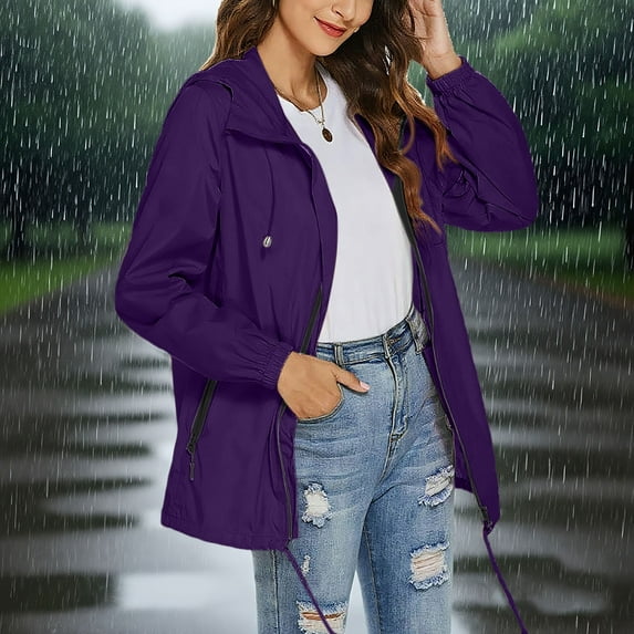Floleo Women's Waterproof Jacket for Women Outdoor Hiking Sports Jackets with Pocket Rain Jacket Women Lightweight Hooded Raincoats(Purple#2,S)