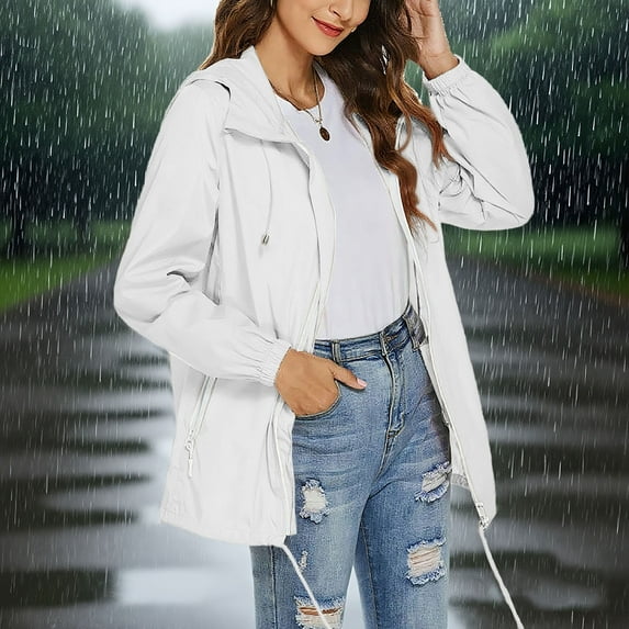 Floleo Women's Waterproof Jacket for Women Outdoor Hiking Sports Jackets with Pocket Rain Jacket Women Lightweight Hooded Raincoats(White#2,2XL)