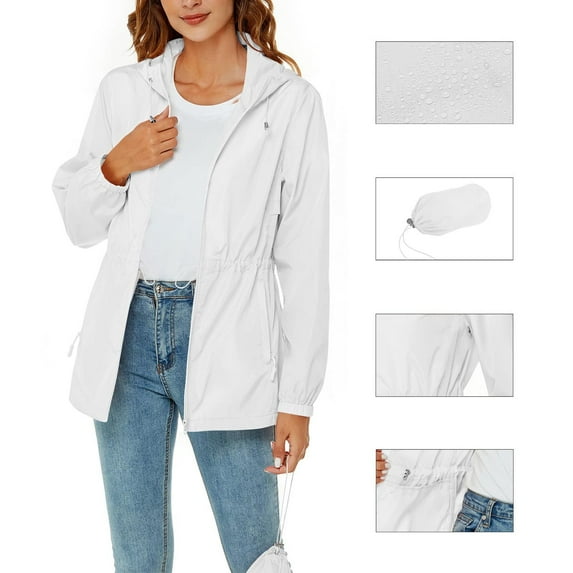 Floleo Women's Waterproof Jacket for Women Outdoor Hiking Sports Jackets with Pocket Rain Jacket Women Lightweight Hooded Raincoats(White,S)