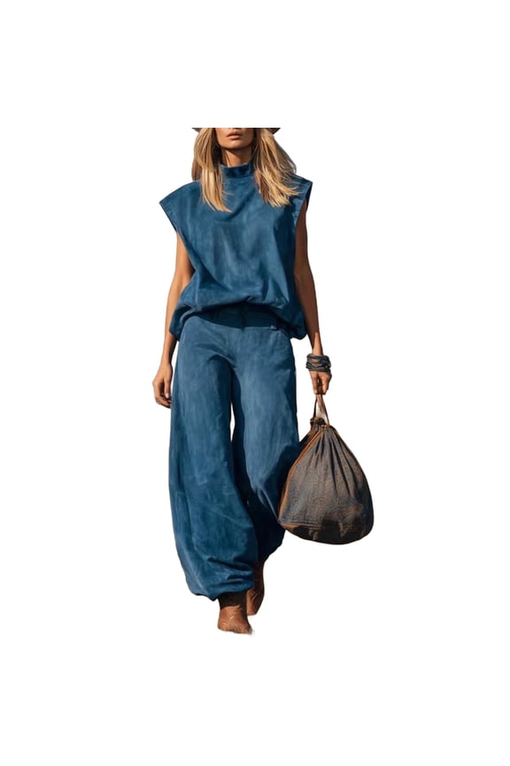 Women's Western Style Sleeveless Stand up Collar Top and Wide Leg Pants Set Bohemian Style Two-Piece Casual Outfit Fashionable Daily Versatile for Parties(Dark Blue,M)