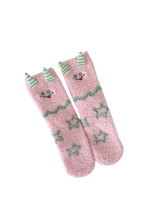 Women's Winter Cozy Fuzzy Socks Soft Plush Coral Fleece Crew Socks Cute Star Pattern with 3D Horns Fun Indoor Floor Socks Warm Holiday Gift for Her