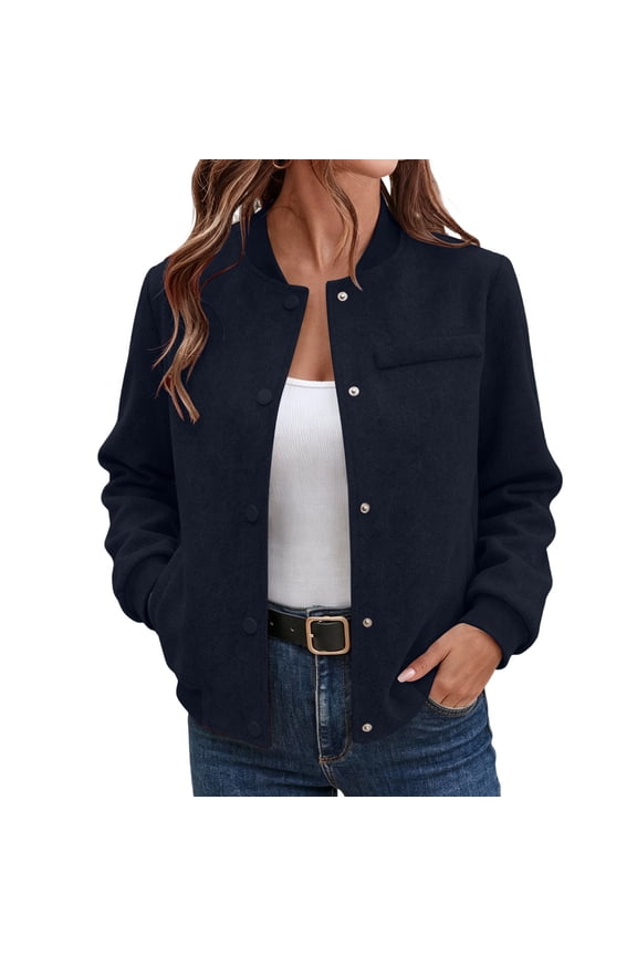 Women's Wool-Blend Stand Collar Bomber Jacket, Button-Front Long Sleeve Casual Outerwear With Pockets In Multiple Solid Colors(Navy,S)