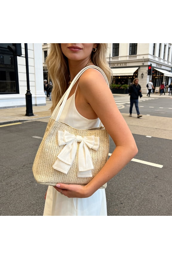 Floleo Women's Woven Straw Shoulder Bag, 10.6 Inch Large Capacity White Boho Tote Bag with Bow, Natural Handmade Rattan Purse for Beach, Vacation, Summer Outfits