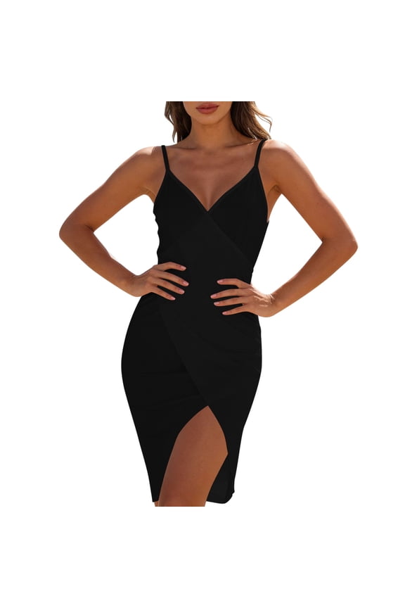 Women’s Wrap-Front Midi Cover-Up Dress V-Neck Spaghetti Strap with High Slit Lightweight Semi-Sheer for Beach Pool and Summer Events Multiple Solid Colors Available(Black,XL)