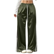 Floleo Womens satin wide leg track pants with elastic drawstring waist side pockets and contrast side stripes for casual daily wear streetwear relaxed fit long trousers