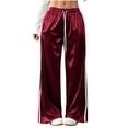 thumbnail image 1 of Floleo Women's satin wide leg track pants with elastic drawstring waist side pockets and contrast side stripes for casual daily wear streetwear relaxed fit long trousers, 1 of 7