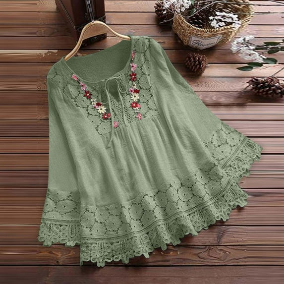 Floleo Womens 3/4 Sleeve Tops Women's Plus Size Vintage Lace Patchwork Bow Round Neck Blouses Loose Hem T-Shirt Tee Blouse