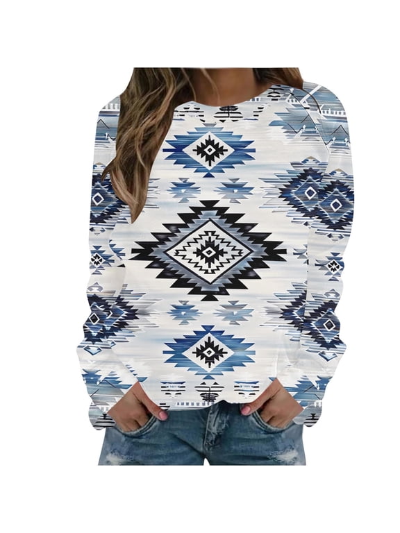 Womens Aztec Geometric Print Crew Neck Sweatshirt Long Sleeve Casual Pullover Top Soft Round Neck Layering Piece for Fall Winter Daily Wear