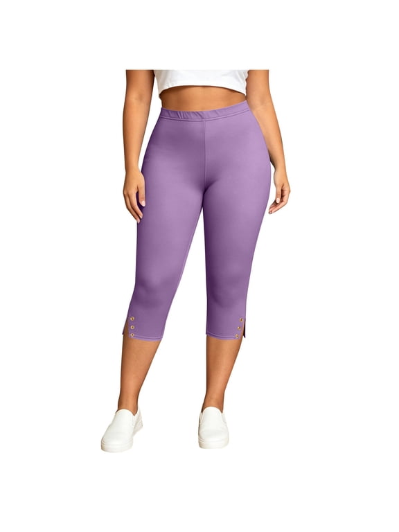 Womens Capri Yoga Pants High Waist Cropped Leggings with Side Split Button Detail Stretchy Solid Color Activewear for Workout Gym Daily Wear
