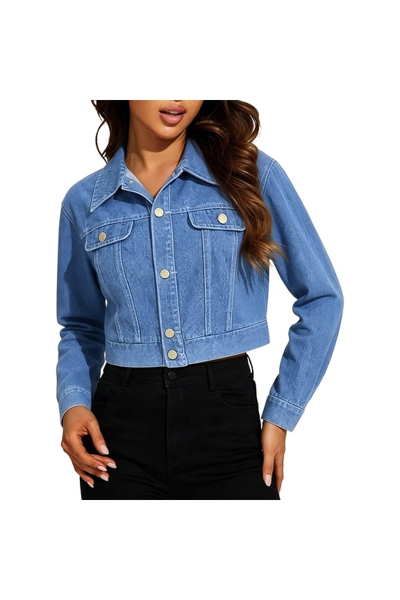 Womens Cropped Textured Denim Jacket, Long Sleeve Button-Down Turn-Down Collar Jean Coat, Casual Everyday Outerwear For Spring And Fall(Light Blue,XL)