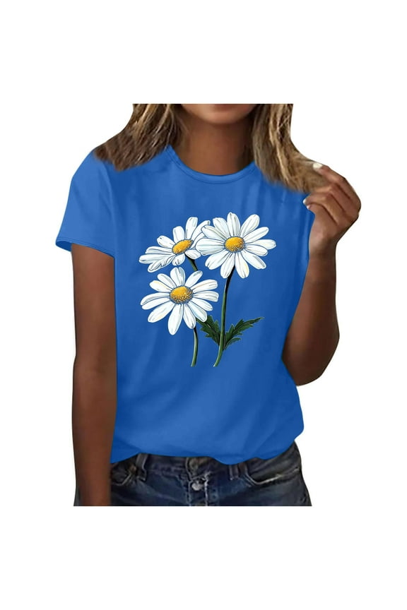 Womens Daisy Graphic T Shirt Spring Summer Fashion Tops Ladies Casual Crewneck Short Sleeve Basic Tee Tunic Blouse