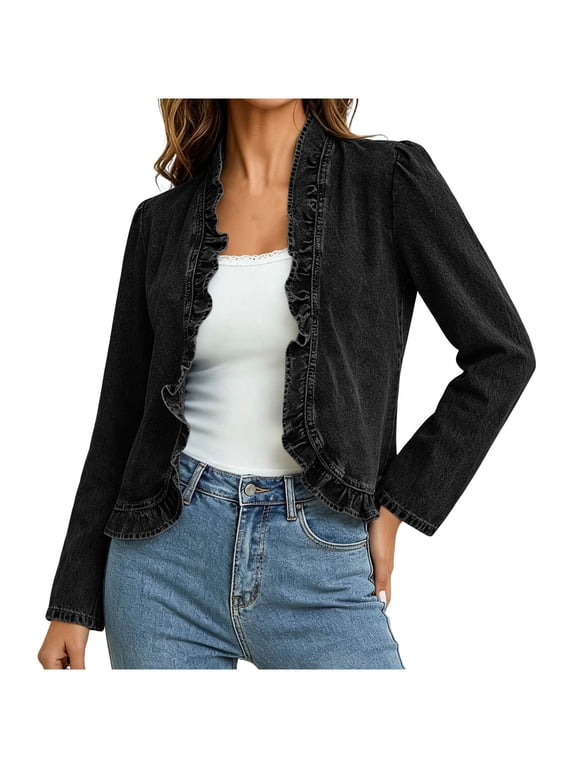 Womens Denim Cardigan Ruffle Trim Open Front Long Sleeve Casual Jacket Vintage Style Lightweight Solid Color Outerwear for Spring Fall Daily Wear