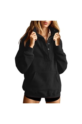 Womens Half Snap Pullover Hoodie Long Sleeve Casual Sweatshirt with Kangaroo Pocket Relaxed Fit Collared Top for Fall Winter Daily Wear