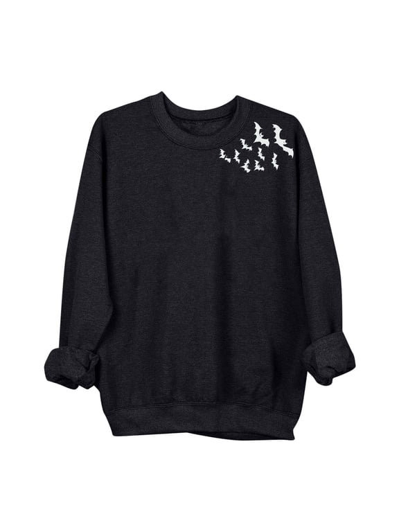 Womens Halloween Bat Print Sweatshirt Crew Neck Long Sleeve Casual Pullover Top Minimalist Graphic Relaxed Fit for Fall Party Daily Wear