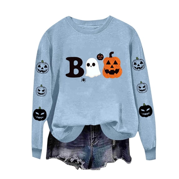 Floleo Womens Halloween Boo Ghost Pumpkin Print Sweatshirt Crew Neck Long Sleeve Casual Pullover Top with Sleeve Graphic for Fall Festival Party Daily Wear