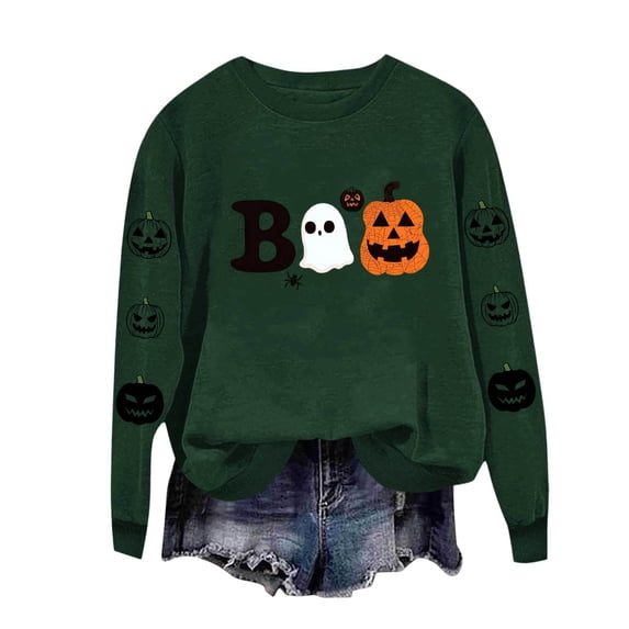 Floleo Womens Halloween Boo Ghost Pumpkin Print Sweatshirt Crew Neck Long Sleeve Casual Pullover Top with Sleeve Graphic for Fall Festival Party Daily Wear