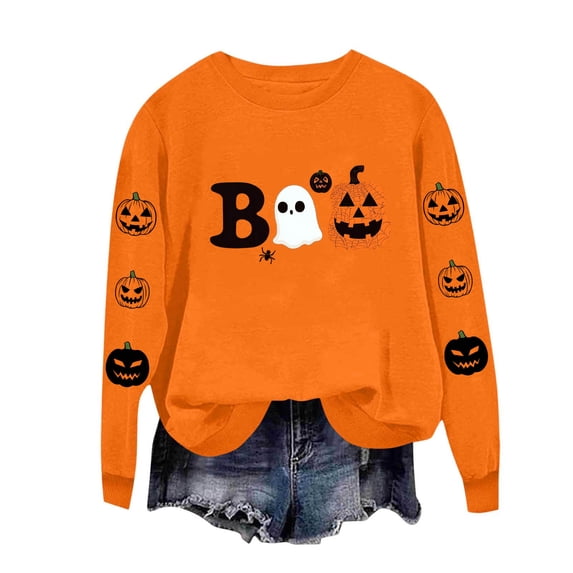 Floleo Womens Halloween Boo Ghost Pumpkin Print Sweatshirt Crew Neck Long Sleeve Casual Pullover Top with Sleeve Graphic for Fall Festival Party Daily Wear