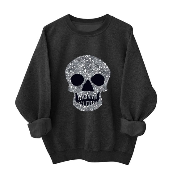 Floleo Womens Halloween Skull Print Sweatshirt Crew Neck Long Sleeve Casual Pullover Top Glitter Graphic Relaxed Fit for Fall Party Daily Wear