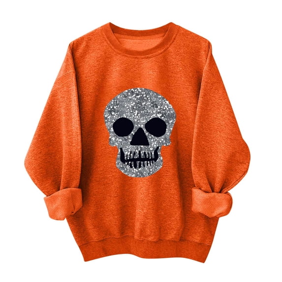 Floleo Womens Halloween Skull Print Sweatshirt Crew Neck Long Sleeve Casual Pullover Top Glitter Graphic Relaxed Fit for Fall Party Daily Wear