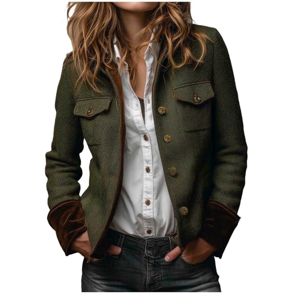 Floleo Womens Herringbone Tweed Jacket Stand Collar Button Down Long Sleeve Casual Coat with Contrast Trim and Flap Pockets for Fall Winter Daily Wear