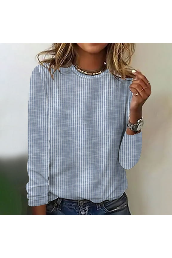 Womens Long Sleeve Shirts Fashion Women Shirt Casual Crew Neck Loose Tunic T-Shirt Blouse Stripe Tees