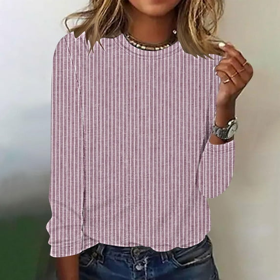 Floleo Womens Long Sleeve Shirts Fashion Women Shirt Casual Crew Neck Loose Tunic T-Shirt Blouse Stripe Tees