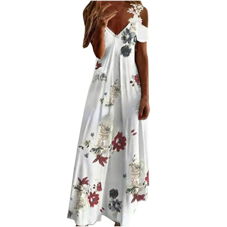 Chiffon Cold Shoulder V Neck Printing Maxi Floral Dresses Chiffon Cold Shoulder V Neck Printing Maxi Floral Dresses