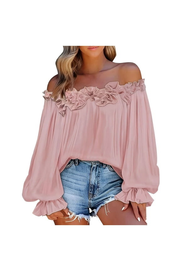 Womens Off-Shoulder Ruffle Blouse, Long Sleeve Flowy Cold Shoulder Top, Casual Solid Color Shirt For Spring And Summer(Pink,M)