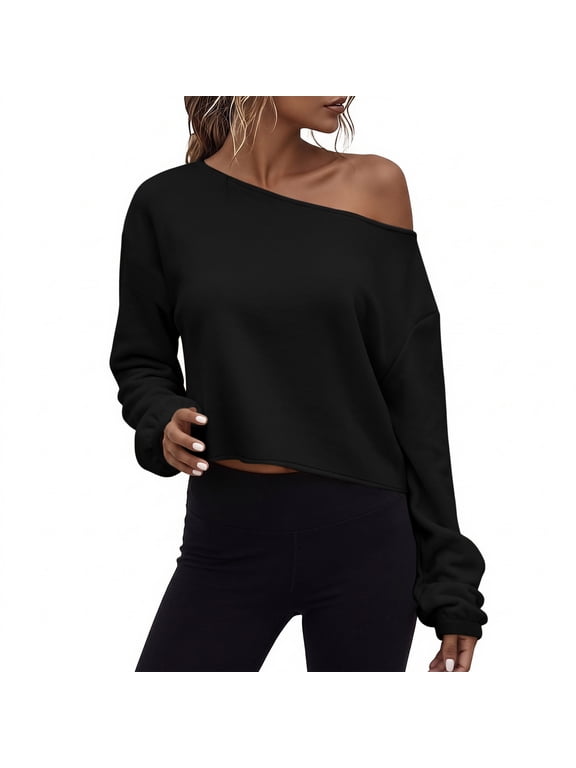 Womens Off Shoulder Sweatshirt Long Sleeve Drop Shoulder Cropped Pullover Top Relaxed Fit Solid Color for Fall Winter Daily Wear