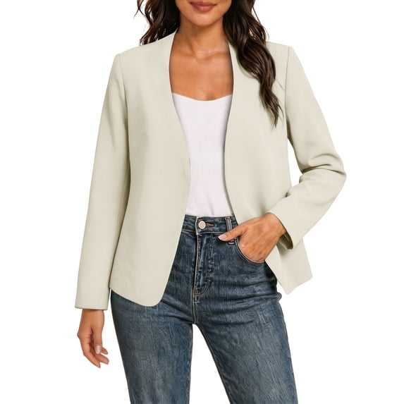 Floleo Womens Open-Front Collarless Blazer, Long Sleeve Loose Fit Solid Color Suit Jacket, Casual Lightweight Outerwear For All Seasons(Beige,3XL)