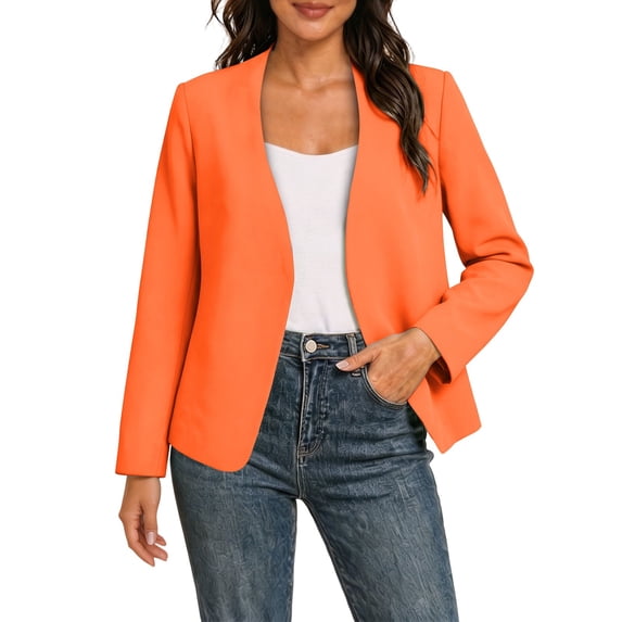 Floleo Womens Open-Front Collarless Blazer, Long Sleeve Loose Fit Solid Color Suit Jacket, Casual Lightweight Outerwear For All Seasons(Orange,S)